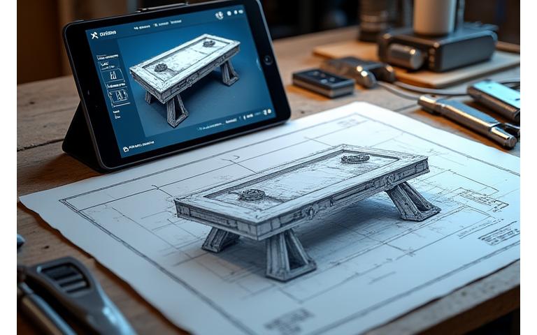 Blueprint sketching and 3D rendering of a game table design, blending industrial and gaming elements.